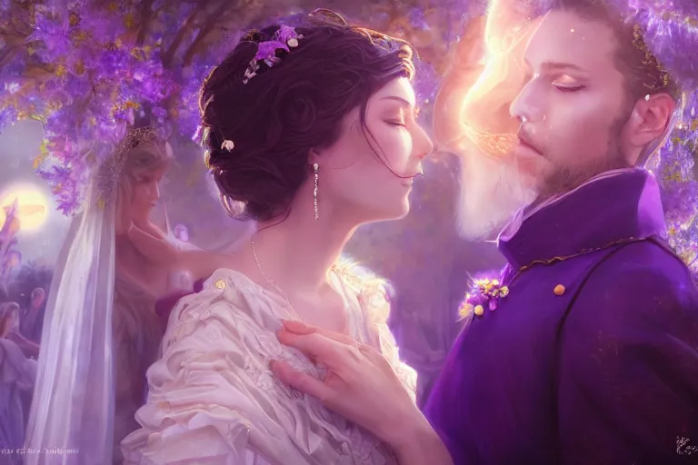 Image similar to a dreamlike cinematic portrait of wedding photograph close up moment of a divine a russia sun god and moon goddess lovers magician at a wedding banquet. portraiture. digital painting. artstation. concept art. fantasy wedding photo. digital painting, 8 k realistic, hyper detailed, violet evergarden art masterpiece by art by krenz cushart