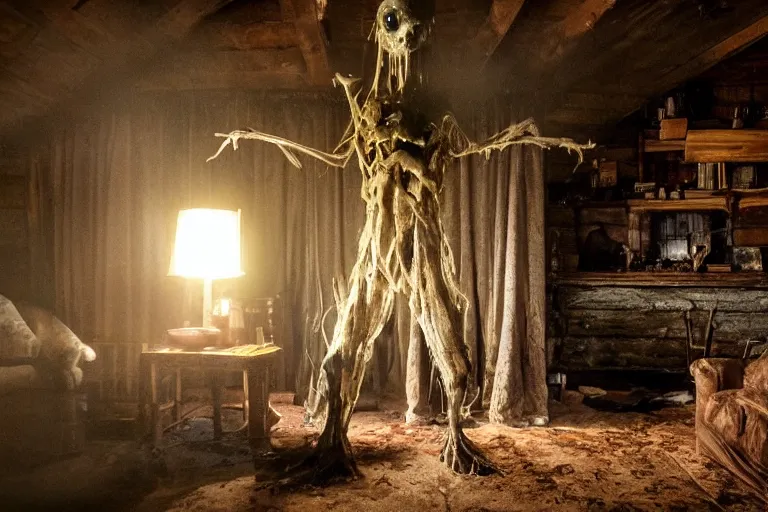 Image similar to film still of an oily vaguely human abomination with carapace and antennae clinging to the ceiling of an old cabin's living room, horror movie, eerie, creepy, dark, amazing lighting, great cinematography, directed by scott derrickson