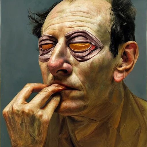 Image similar to high quality high detail painting by lucian freud, hd, portrait of a man covered with multiple eyes, photorealistic lighting