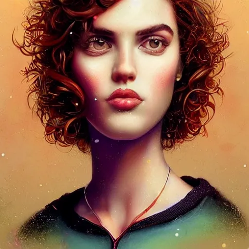 Prompt: Lofi vaporwave portrait beautiful woman with short brown curly hair, romanesque, rainbow, Pixar style, Tristan Eaton, Stanley Artgerm, Tom Bagshaw