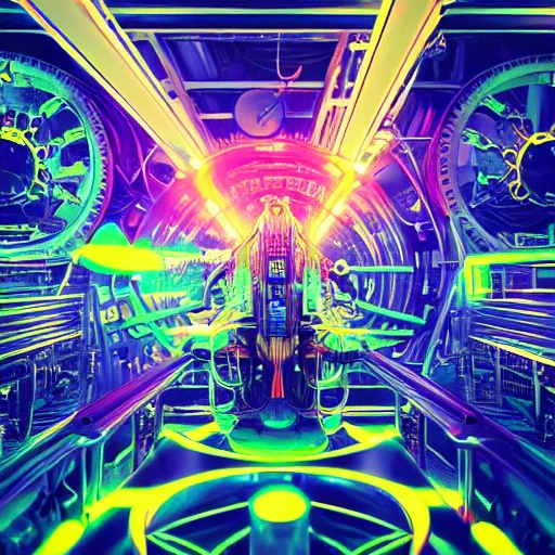 Image similar to album art, the album is called tripmachine, trance music, a huge steampunk mechanic machine made of loudspeakers and music intruments, with many gears and tubes and wires,, 8 k, fluorescent colors, halluzinogenic, multicolored, blue neon accents, exaggerated detailed, front shot, 3 d render, octane