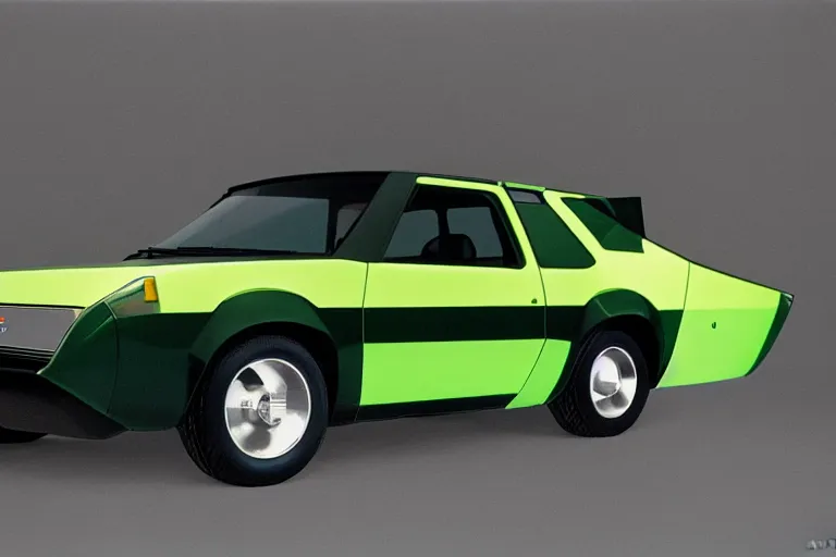 Image similar to designed by Giorgetto Giugiaro stylized poser of a 1977 AMC Gremlin, thick neon lights, ektachrome photograph, volumetric lighting, f8 aperture, cinematic Eastman 5384 film