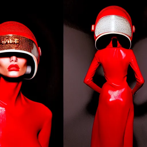 Image similar to female fashion model in year 3000 in a cave, model wearing a surreal Avant-garde helmet in red, dramatic lighting,photography , official Versace editorial , highly detailed