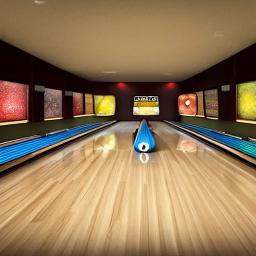 Image similar to solar system bowling alley, hyperrealism, hyperrealistic, photorealism, photorealistic, artstation, 4 k, highly detailed digital art but as photography