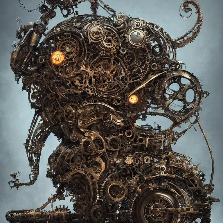 Image similar to biomechanical steampunk vehicle reminiscent of fast sportscar with robotic parts and (glowing) lights parked in ancient lush palace, gothic and baroque, brutalist architecture, ultradetailed, creepy ambiance, fog, artgerm, giger, Intricate by Ellen Jewett and Josan Gonzalez and Giuseppe Arcimboldo