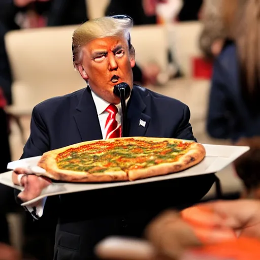 Prompt: trump eating pizza backwards