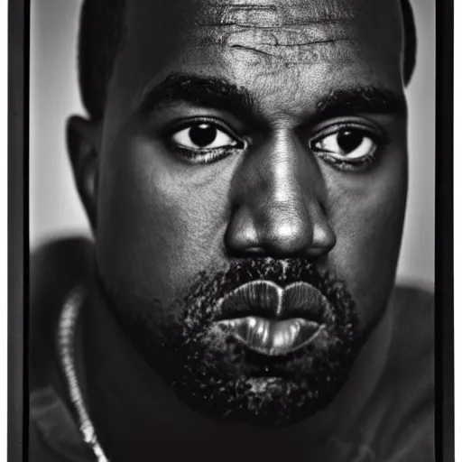 Prompt: photo of Kanye West by Diane Arbus, extreme closeup, black and white, high contrast, Rolleiflex, 55mm f/4 lens