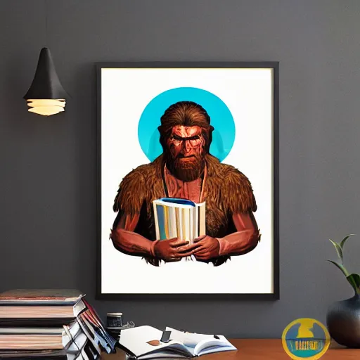 Image similar to saint homo neanderthalis portrait poster with book of science on his right hand, pop art, gta chinatown wars art style, bioshock infinite art style, hyperrealistic, two colors, paper border table, 4 k, remove duplicate content, justify contents center.