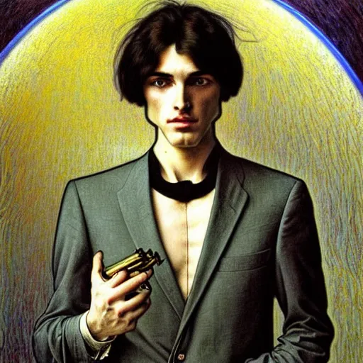 Image similar to realistic extremely detailed portrait painting of. an average. man with his. briefcase .in his. left hand . by Jean Delville, Amano, Yves Tanguy, Alphonse Mucha, Ernst Haeckel, Edward Robert Hughes, Roger Dean, pale muted pastel moody colors, gold eyes