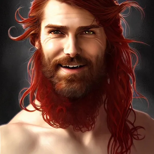 Image similar to portrait of a young ruggedly handsome but joyful pirate, male, masculine, soft hair, upper body, red crimson crimson hair, long flowing hair, fantasy, wide smirk, intricate, elegant, highly detailed, digital painting, artstation, concept art, matte, sharp focus, illustration, art by artgerm and greg rutkowski and alphonse mucha