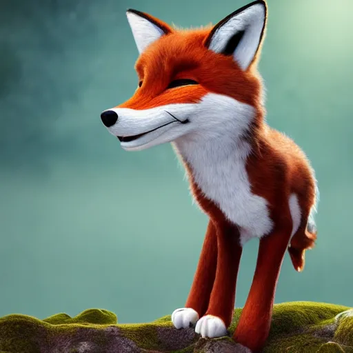 Image similar to handsome fox male wearing a black tuxedo, Pixar animated still, high quality HDR octane render