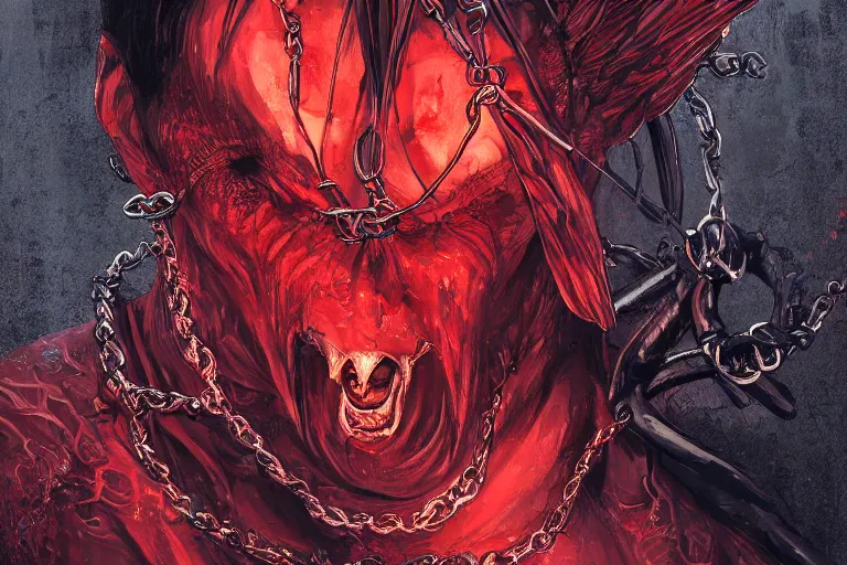 Prompt: lucifer, dark angel, red eyes, chain, handcuffs, large chain, wide open mouth, scream, sad, cruelty, sea bottom, light effect, hyper detailed, elegant, highly detailed, digital painting, artstation, concept art, matte, sharp focus, illustration, by dan mumford, yusuke murata, makoto shinkai, ross tran