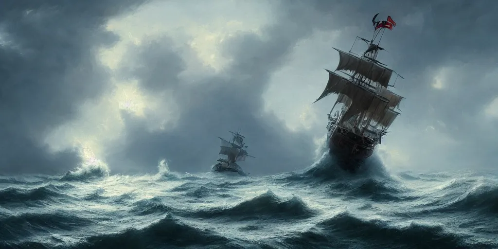 Prompt: Pirate vessel sailing on wild ocean waters during a thunderstorm, crashing waves, 4k, cozy wallpaper, trending on Artstation, award-winning, art by Greg Rutkowski