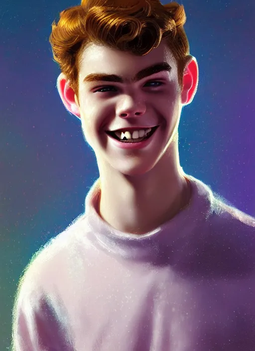 Image similar to portrait of teenage archie andrews, freckles, curly middle part haircut, curly hair, smiling kindly, friendly, 1 9 5 0 s, intricate, elegant, glowing lights, highly detailed, digital painting, artstation, concept art, smooth, sharp focus, illustration, art by wlop, mars ravelo and greg rutkowski