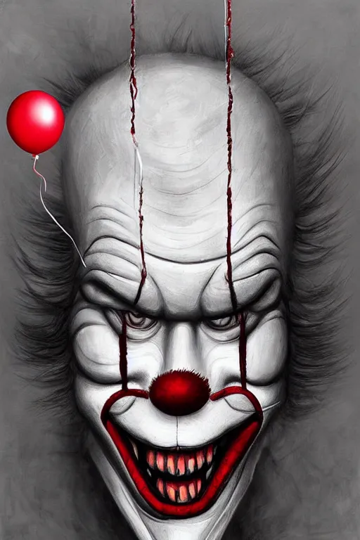 Prompt: surrealism grunge cartoon portrait sketch of Pennywise with a wide smile and a red balloon by - michael karcz, loony toons style, freddy krueger style, horror theme, detailed, elegant, intricate