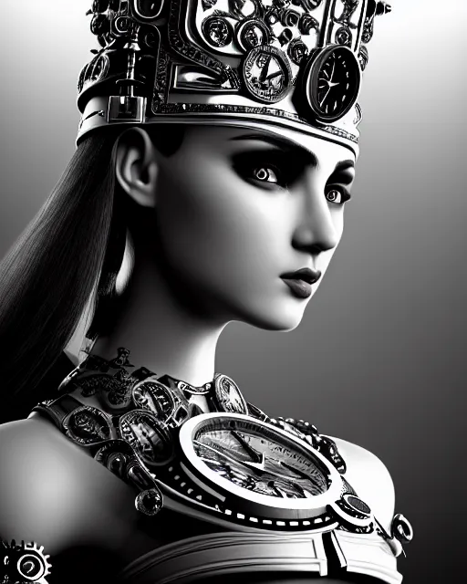 Prompt: black and white side portrait ultra detailed, beautiful female android with steampunk mechanical detailed ornate face, crown, deity, sharp focus, highly detailed global illumination, concept art. 8 k