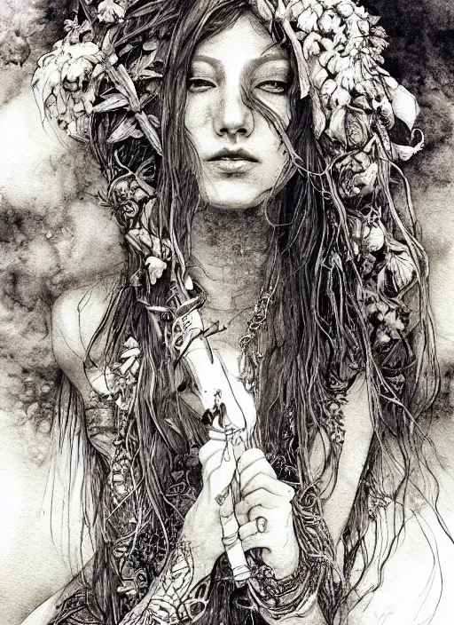 Image similar to portrait, beautiful Stoner hippy girl, sitting in a druid circle, smoking a magical bong, gypsy, watercolor, dramatic lighting, cinematic, establishing shot, extremely high detail, foto realistic, cinematic lighting, pen and ink, intricate line drawings, by Yoshitaka Amano, Ruan Jia, Kentaro Miura, Artgerm, post processed, concept art, artstation, matte painting, style by eddie mendoza, raphael lacoste, alex ross