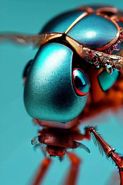 Image similar to high quality macro robot metallic tachinid fly! gorgeous highly detailed hannah yata elson peter cinematic turquoise lighting high quality low angle hd 8k sharp shallow depth of field