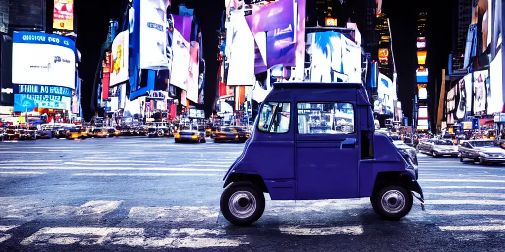 Image similar to a blue and white tuk tuk in Times Square at night, hazy, cloudy, diffused lighting, concept art, dark purple tones, shallow depth of field4k