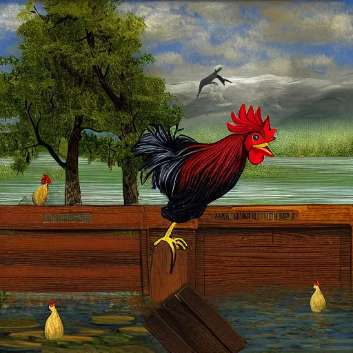 Image similar to A digital painting of a thief tripping and falling into a pond. In the background, there's a chicken coop where a rooster drinks from a wooden keg while sitting on stacks of dollar bills.