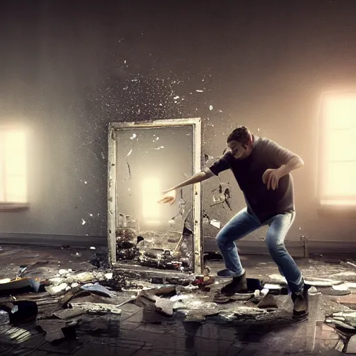 Image similar to incredible cinematic image of young angry man fighting to himself while breaking a large mirror, debris everywhere, studio shot, dynamic lighting, high definition, highly detailed, photo-realistic, unreal engine render, 16k