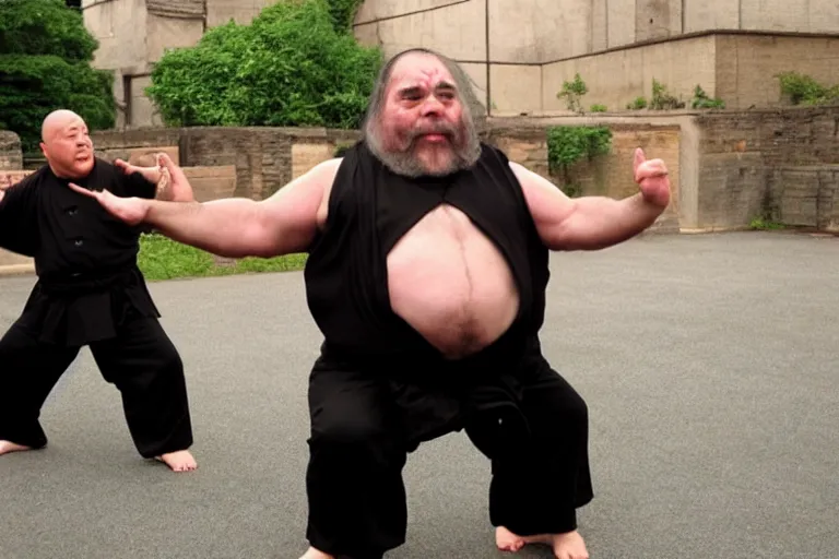 Prompt: 6 0 0 pound dwarf doing kung fu practice in the matrix