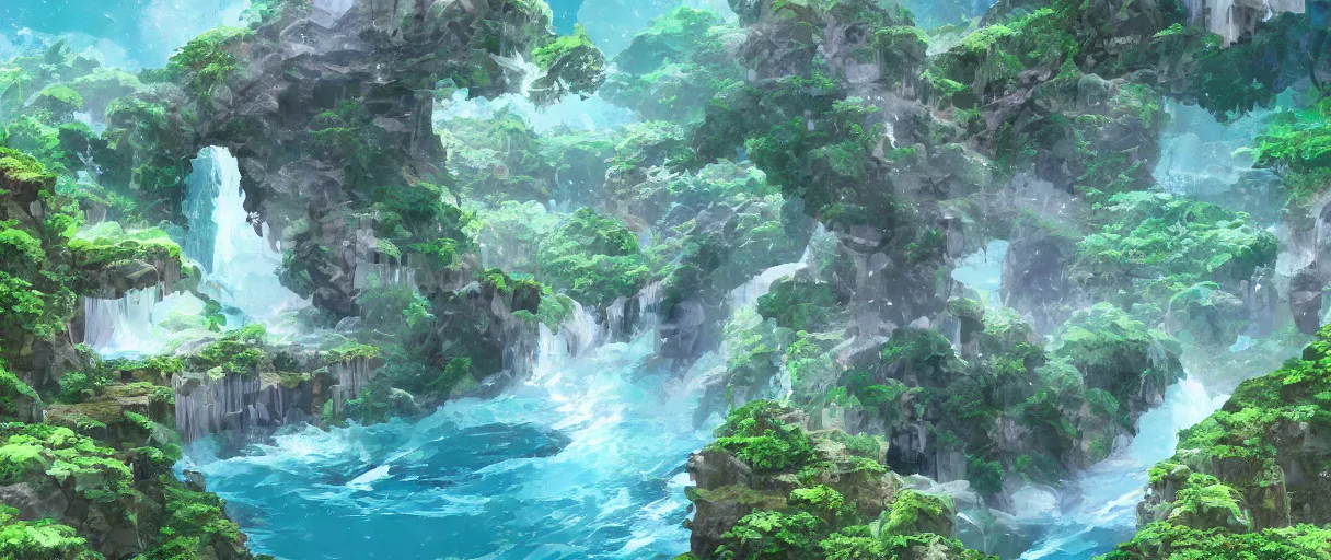 Image similar to a small crumbling island with waterfalls flowing off the island, floating in space, studio ghibli, digital art, detailed, depth of field