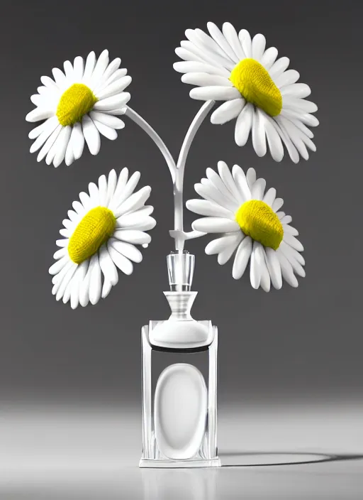 Image similar to perfume bottle standing in the center of a biomechanical white enchanted coral flat plate made of daisies in an ivory room well contoured smooth fair walls, up close shot, sharp focus, global illumination, radiant light, alexandre ferra white mecha, irakli nadar, octane highly render, 4 k, ultra hd,