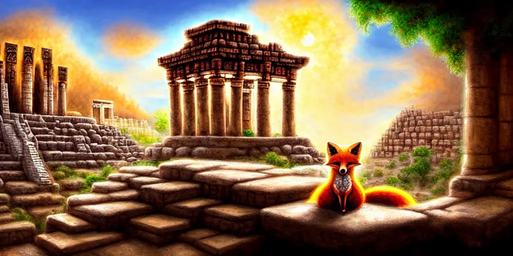 Image similar to illusion painting hidden temple in the clouds : an adorable small fox in the huge ruins of the second temple in jerusalem. a new temple hovers quietly hiding in the dreamy clouds above. a hooded bearded old man in a brown tunic laughing, colorful 8 k, art station, intricate superb details, digital art, illusion painting hidden image.