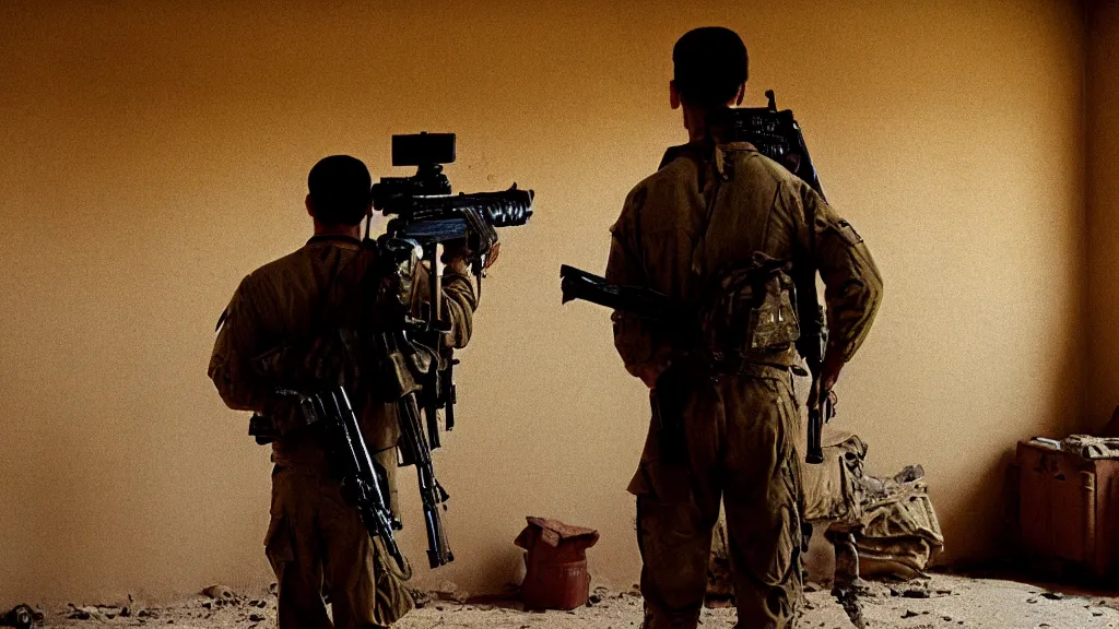 Prompt: film still of a marine soldier with a sniper rifle on his back standing in a dusty room with traditional colorful carpets on the wall in front of a sandy window. moody, grainy, 4 k, high detail, aesthetic, good composition, overdetailed, room cluttered with items, anatomically correct, directed by quentin tarantino,