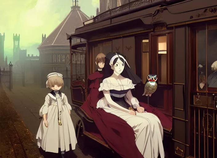 Image similar to victorian britain 1 8 3 5, florence nightingale travelling in a carriage with her pet owl in the pocket of her apron gapmoe yandere grimdark, trending on pixiv fanbox, painted by greg rutkowski makoto shinkai takashi takeuchi studio ghibli