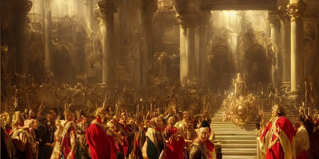 Image similar to beautiful oil matte portrait painting, steve buscemi in royal crimson robes enthroned as the god emperor of ancient rome surrounded by servants in gilded halls a golden wreath upon his head, by anders zorn, wonderful masterpiece by greg rutkowski, beautiful cinematic light, american romanticism, by thomas lawrence, greg rutkowski