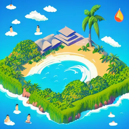 Image similar to beautiful isometric tropical island by Studio Ghibli, cinematic sunrise lighting, stunning waves, hyper realistic award winning photography