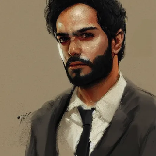 Image similar to Portrait of a man by Greg Rutkowski, he is about 30 years old, mixture between persian, indian and texan, wide forehead, short black hair, manly, attractive, strong and burly, he is wearing a utilitarian beige and black jumpsuit, highly detailed portrait, scifi, digital painting, artstation, concept art, smooth, sharp foccus ilustration, Artstation HQ