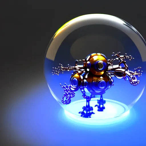 Image similar to transparent ball mecha, its legs aren ’ t transparent and there is a fish inside the ball, photorealistic 3 d octane render, unreal engine