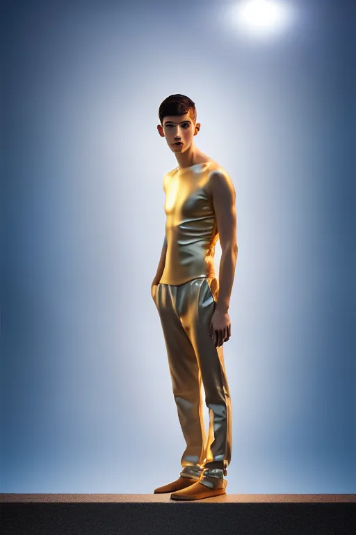 Image similar to un ultra high definition studio quality photographic art portrait of a young man standing on the rooftop of a british apartment building wearing soft padded silver pearlescent clothing. three point light. extremely detailed. golden ratio, ray tracing, volumetric light, shallow depth of field. set dressed.