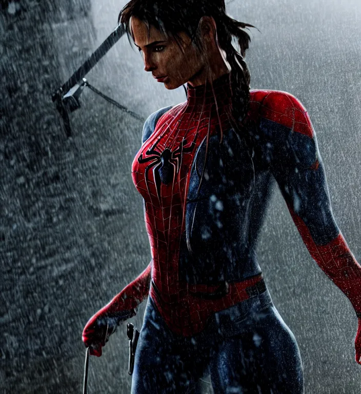 Image similar to cinematic of lara croft as spiderman, dramatic rain, 8 k, moody lighting