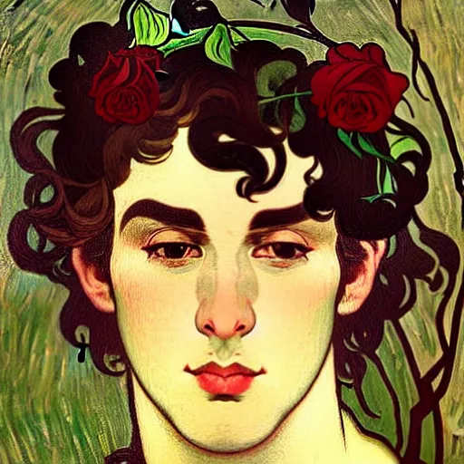 Prompt: painting of young handsome beautiful dark medium wavy hair man in his 2 0 s named shadow taehyung wearing a red rose hair crown at the cucumber and banana soup party in the forest, elegant, clear, painting, stylized, delicate, soft facial features, delicate facial features, soft art, art by alphonse mucha, vincent van gogh, egon schiele