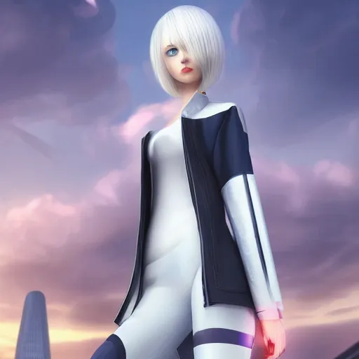 Image similar to platinum - blonde - haired bob cut blue - eyed princess wearing white leggings and black jacket, standing next to communist monument, futuristic city, anime, hd anime wallpaper, hyperrealistic lighting, octane render, volumetric lighting, drawn by artgerm