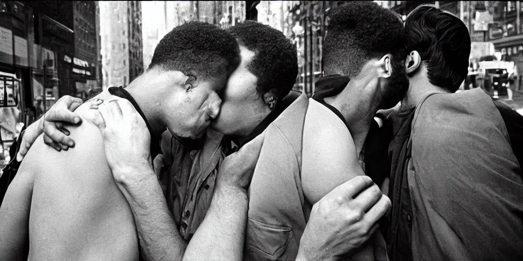 Image similar to two men kissing in the entrance to a subway stop in manhattan at the time of the stonewall riots. new york city, usa. 1 9 6 9 - 1 9 7 0. ernest cole photography