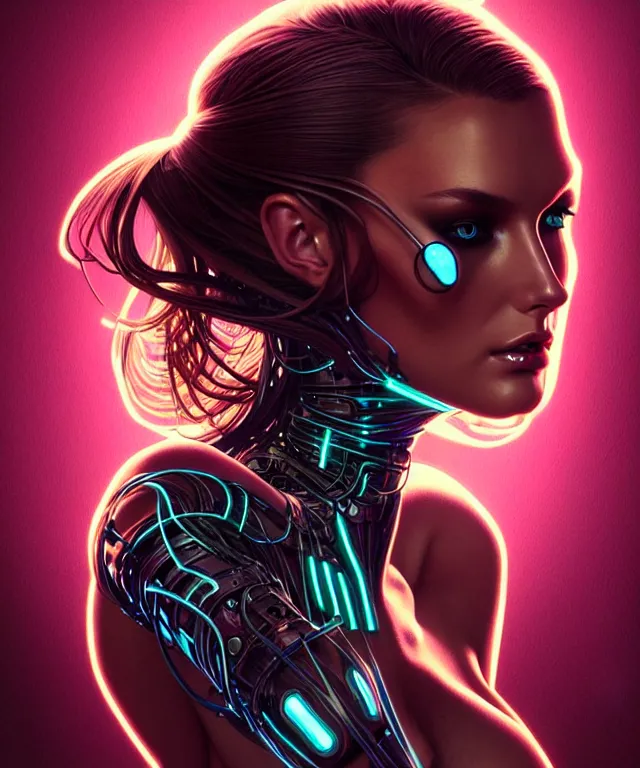 Prompt: Supermodel woman turning into an Android portrait, dark surrealism , scifi, intricate, elegant, long dark hair, highly detailed cybernetic body, neon glowing eyes, digital painting, artstation, concept art, smooth, sharp focus, illustration, art by artgerm and moebius and alphonse mucha