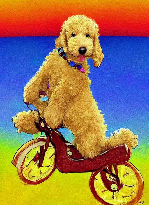 Prompt: digital art, golden doodle puppy, riding a pelaton, cute, artistic