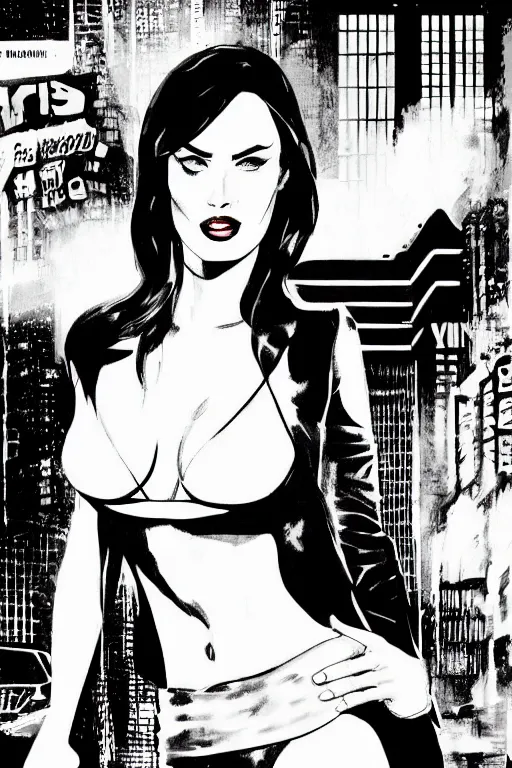 Image similar to film still from sin city, closeup portrait of film noir megan fox private detective, standing on a blade runner street corner, detailed illustration, digital art, trending on artstation, frank miller, martin ansin, movie poster,