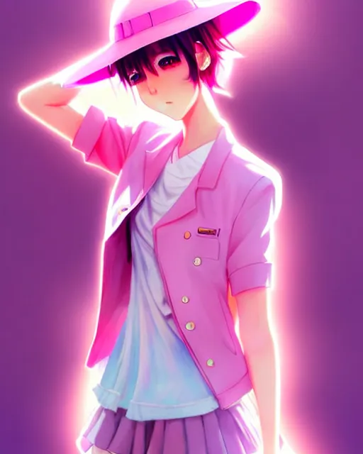 Image similar to anime style, vivid, expressive, full body, 4 k, painting, a cute magical girl with a short pink hair, pink fedora hat and pink jacket, stunning, realistic light and shadow effects, centered, simple background, studio ghibly makoto shinkai yuji yamaguchi