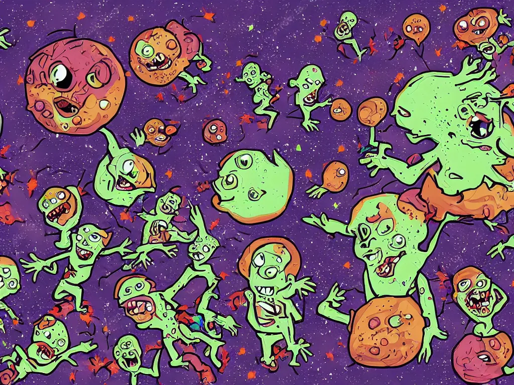 Prompt: exploding zombies in space, children's illustration, cartoon