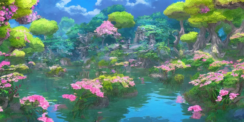 Image similar to a beautiful lake with blooming flowers, fantasy art, 2 d game art, by studio ghibli