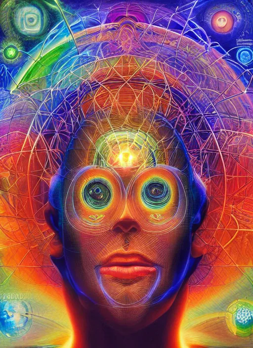 Image similar to humankind transcendence into collaborative intelligence, group intelligence, by alex grey, album cover, award winning, colorful, volumetric lighting, trending on artstation