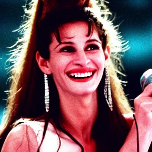 Prompt: Julia Roberts as Selena singing!! on a stage, 1995 movie, cinematic, beautiful, elegant