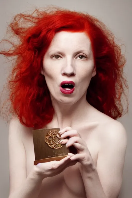 Image similar to A beautiful clothed woman with red hair, mouth slightly open, looking at the camera, award winning photograph by Annie Liebowitz