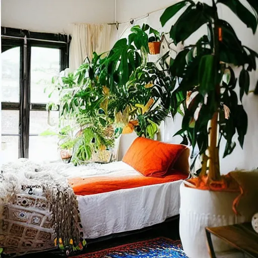 Prompt: “ a boho studio room with lots of green plants, orange throw pillows, white bunk bed ”